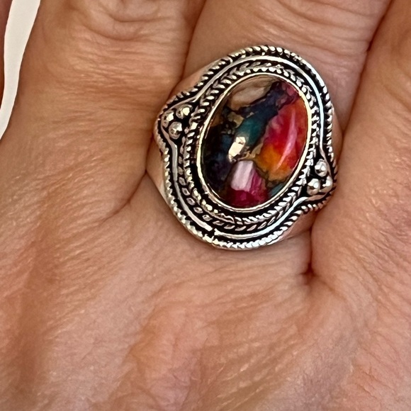 SOLID 925 STERLING SILVER GEMSTONE RING PINK SPINY OYSTER TURQUOISE SIZE 8.75 - Picture 10 of 10